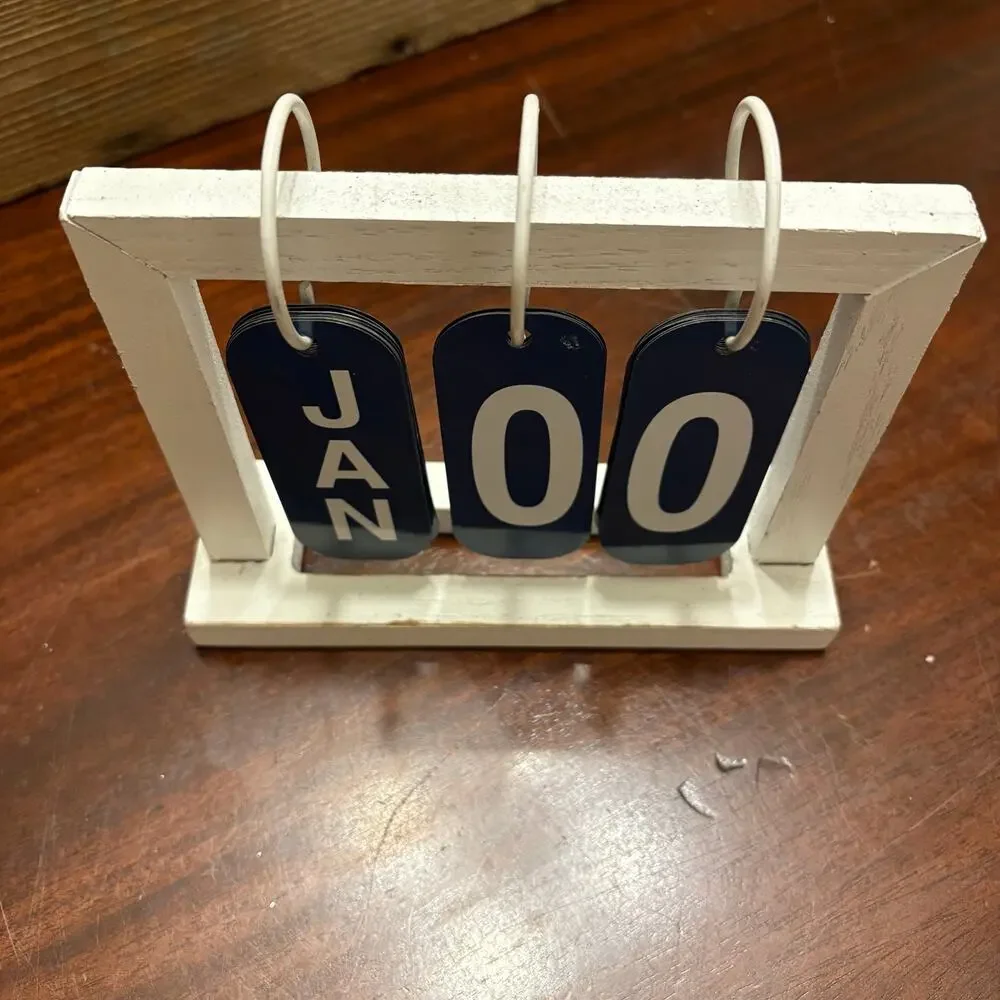 Farmhouse Wooden Perpetual Desk Calendar Flip Desktop Countertop Sign Blue White
